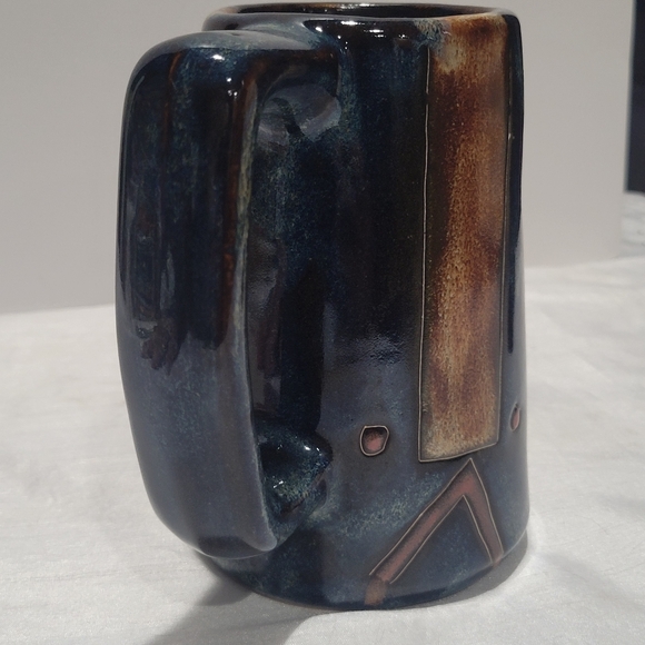 Vintage Mara Mexico stonewear Lg Mug blue Aztec tribal face signed - Picture 8 of 9